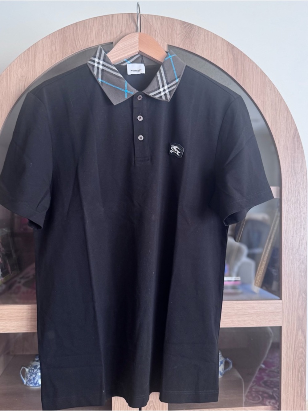 Men’s Black Polo Shirt Plaid Check Collar Size XL Classic Style